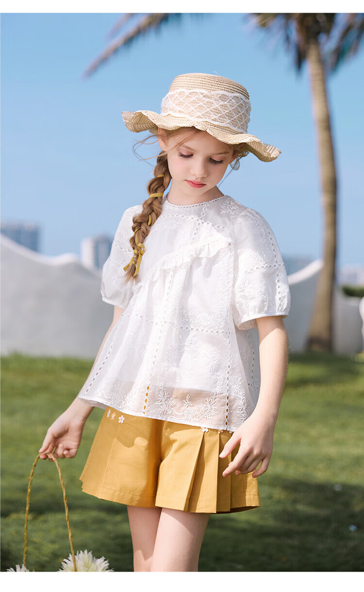 CHANZUIGOU Girls French Style Hollow Embroidered Top 2026 Summer New Breathable Short Sleeve Shirt 20